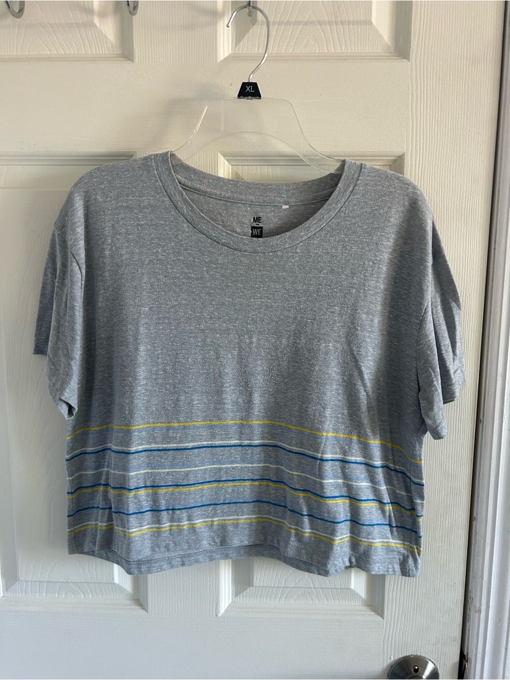 Me to We Heather Gray Crop Top with Blue and Yellow Stripes